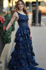 Navy Blue One Shoulder Sequin Ruffle A-Line Formal Dress