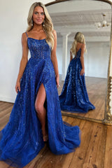Glitter Royal Blue Spaghetti Straps Lace Up A-Line Long Prom Dress