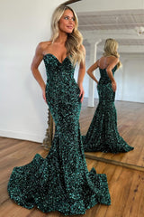 Glitter Sequin Dark Green Mermaid Sweetheart Long Prom Party Dress