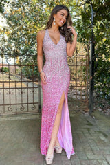 Glitter Sequin V-Neck Long Corset Prom Party Dress With Split