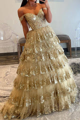 Sparkly Gorgeous A-Line Off The Shoulder Long Prom Dress with Sequin Appliques