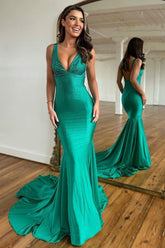 Sexy Deep V-Neck Open Back Mermaid Long Beaded Prom Party Dress