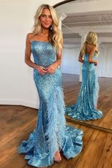 Sparkly Sequin Strapless Long Corset Prom Dress With Feather