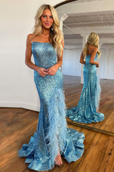 Sparkly Sequin Strapless Long Corset Prom Dress With Feather