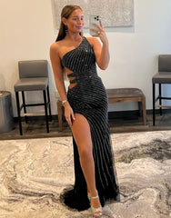 Gorgeous Sequin Waist Cutout Long Prom Dress