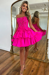 Gorgeous Hot Pink A-Line Strapless Short Satin Homecoming Dress With Beading