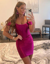 Grape Off The Shoulder Short Satin Homecoming Dress