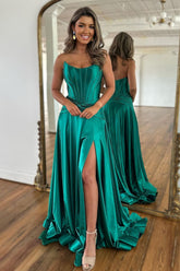 Green Strapless A-Line Long Satin Prom Party Dress With Split