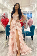 Sparkly Hot Pink A-Line Off The Shoulder Long Tiered Prom Dress With Appliques