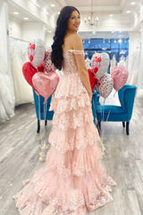 Sparkly Hot Pink A-Line Off The Shoulder Long Tiered Prom Dress With Appliques
