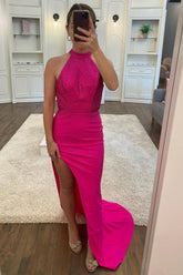 Hot Pink Halter Long Sequined Prom Dress With Split
