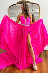 Hot Pink Strapless A-Line Sweep Train Prom Dress With Beaded Belt