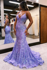 Sparkly Blue Mermaid Spaghetti Straps Sequins Long Backless Prom Dress