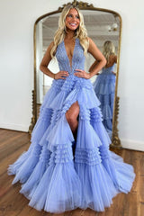 Lavender Glitter A-Line Halter Neck Open Back Long Ruffle Tulle Prom Dress