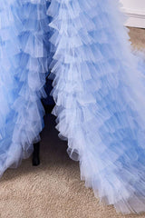 Sweetheart Light Blue Lace Corset Ruffle A-Line Prom Dress