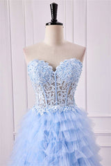 Sweetheart Light Blue Lace Corset Ruffle A-Line Prom Dress