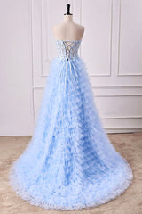 Sweetheart Light Blue Lace Corset Ruffle A-Line Prom Dress