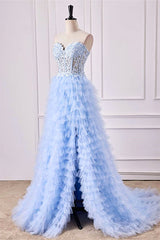Sweetheart Light Blue Lace Corset Ruffle A-Line Prom Dress