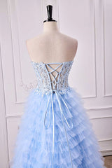 Sweetheart Light Blue Lace Corset Ruffle A-Line Prom Dress