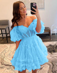 Sweet A-Line Off The Shoulder Short Tulle Homecoming Dress
