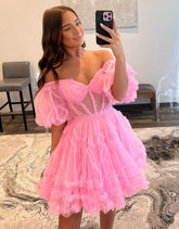 Sweet A-Line Off The Shoulder Short Tulle Homecoming Dress