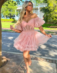 Sweet A-Line Off The Shoulder Short Tulle Homecoming Dress