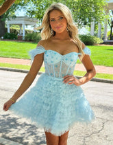 Lovely Light Blue Off The Shoulder Tulle Homecoming Dress