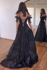 Luxurious Glitter A-Line Off The Shoulder Lace Up Prom Dress With Split