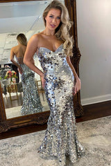 Luxurious Sparkly Sequin Mermaid Strapless Lace Up Long Corset Prom Dress