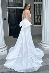 White Glitter Lace Plunge V Mermaid Wedding Dress with Attached Train