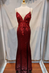 Mermaid Spaghetti Straps Burgundy Sequins Long Prom Dress with Appliques