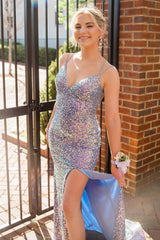 Mermaid Spaghetti Straps Light Blue Sequins Long Prom Dress with Split Front