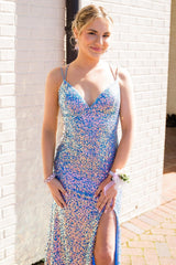 Mermaid Spaghetti Straps Light Blue Sequins Long Prom Dress with Split Front
