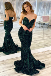 Mermaid Sweetheart Dark Green Sequins Long Prom Dress