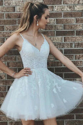 Mini A Line Spaghetti Straps Homecoming Dress With Lace Applique
