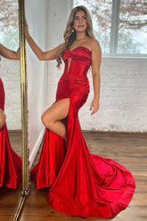 Satin Mermaid Strapless Long Prom Dress With Split