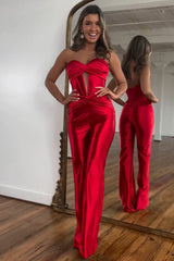 Stylish Red Sweetheart Zipper Back Long Satin Prom Jumpsuit