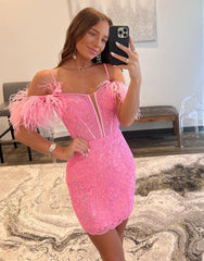 Off The Shoulder Corset Back Homecoming Dress With Feather