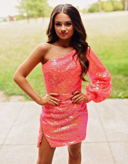 One Shoulder Long Sleeves Short Mini Homecoming Dress