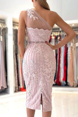 Pink One Shoulder bodycon Homecoming Dress With Belt
