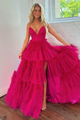 Stunning A-Line Spaghetti Straps Long Tiered Tulle Prom Dress With Split