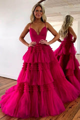 Stunning A-Line Spaghetti Straps Long Tiered Tulle Prom Dress With Split