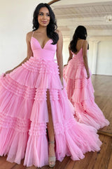 Stunning A-Line Spaghetti Straps Long Tiered Tulle Prom Dress With Split