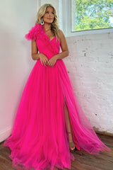 Hot Pink A-Line One Shoulder Long Tulle Prom Dress With Split