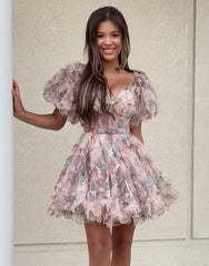 Pretty Fuchsia Puff Sleeves A-Line Short Party Dress