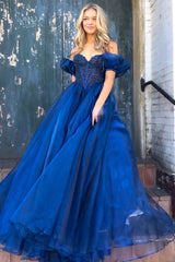 Princess A Line Sweetheart Blue Corset Prom Dress with Beading