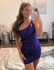 Purple One Shoulder Keyhole Back Sequin Homecoming Dress