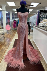 Long Sequined Blue Straps Prom Dress with Feather Hem