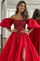 Red A-Line Off The Shoulder Court Train Satin Prom Dress With Split