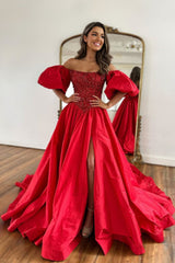 Red A-Line Off The Shoulder Court Train Satin Prom Dress With Split